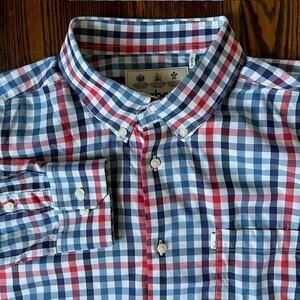 Barbour Ampthill Performance Shirt Mens L Tailored Fit Blue Red Plaid Stretch